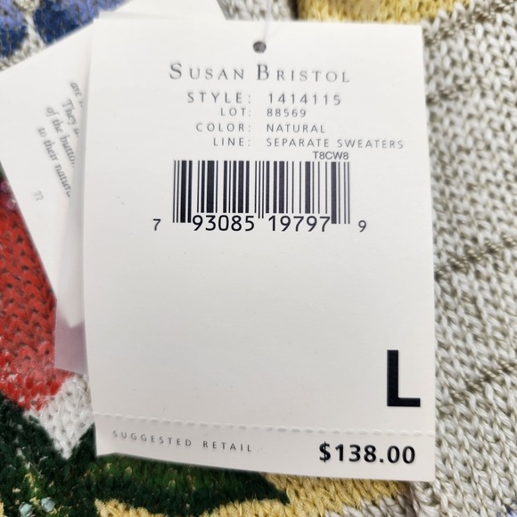 Susan Bristol Floral Embroidered Beaded Cardigan Shell Buttons Natural Multi L - Picture 8 of 11